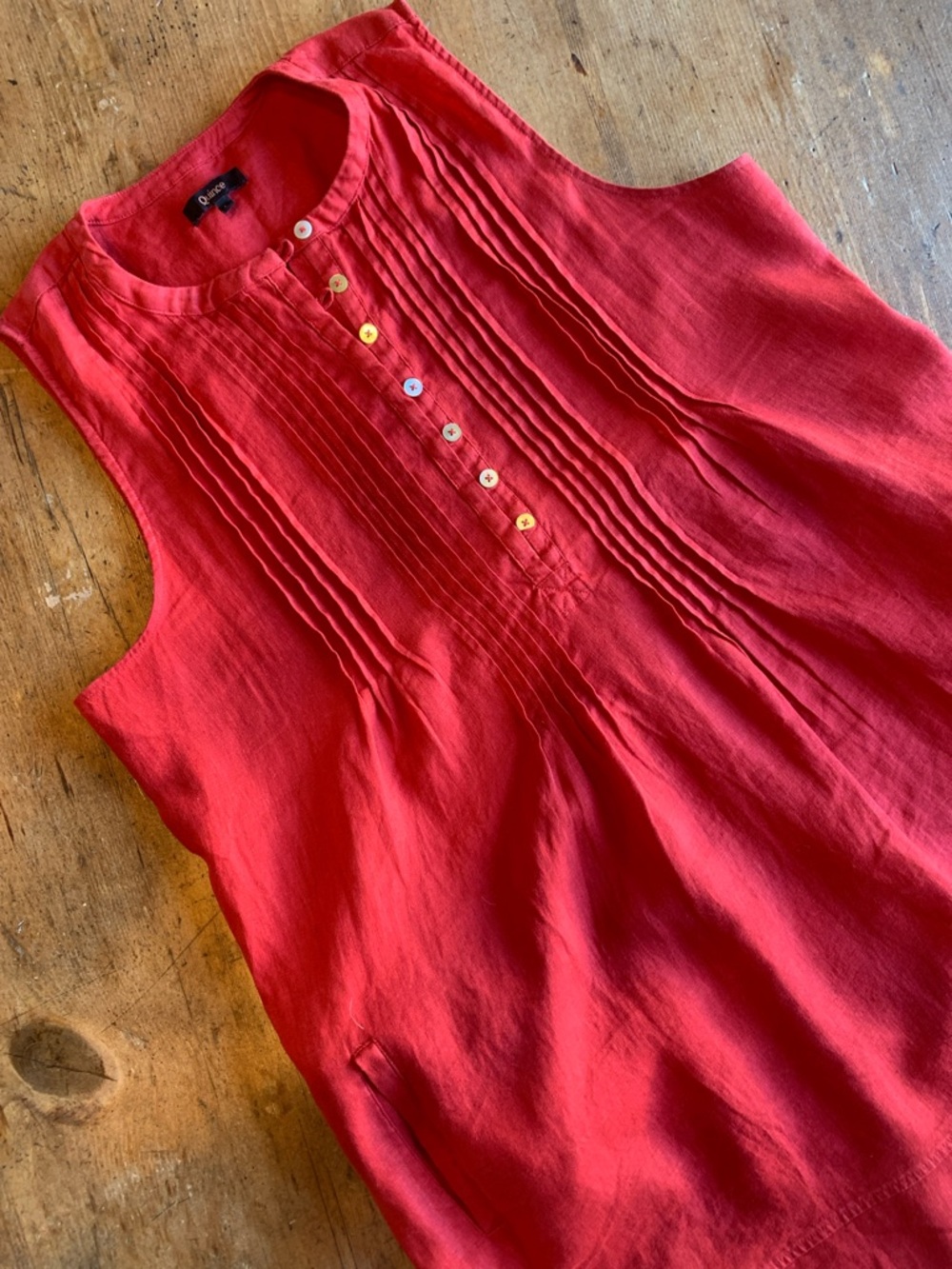 Quince Sleeveless Dress in Red with Pintuck Front, with Pockets, Size L